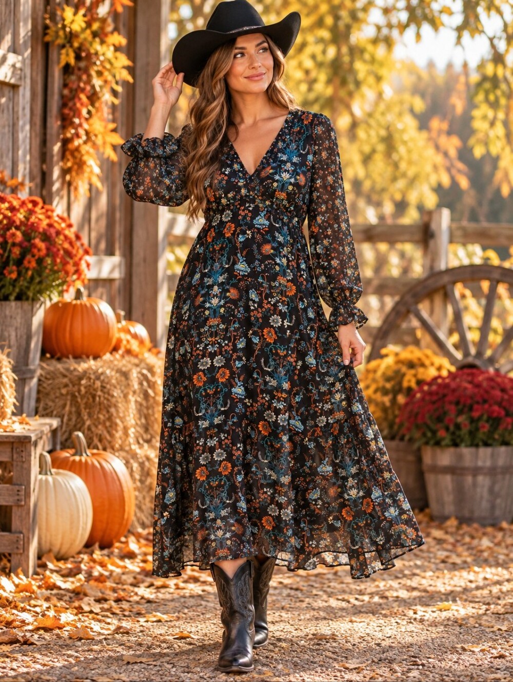 Black Floral Maxi Dress with V-Neck and Ruffle Cuffs